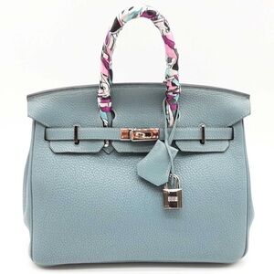 Hermes Birkin 25cm Blue Ciel Clemence Palladium Handbag